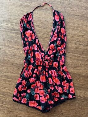 Billabong Black Romper with Pink Floral Print size large